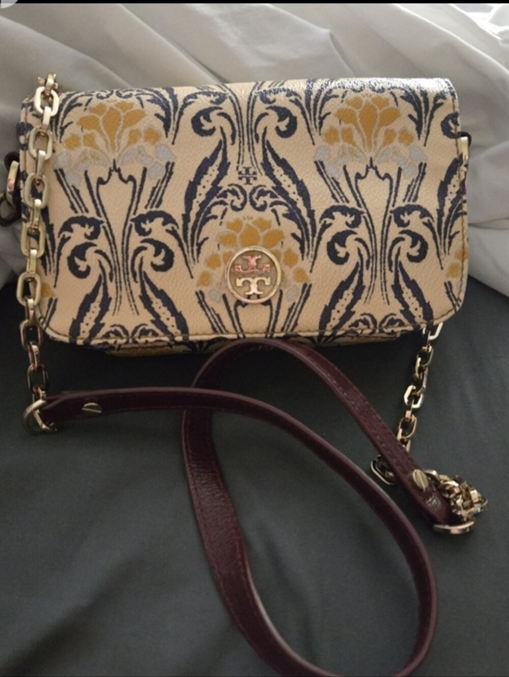 Tory Burch Robinson Floral Patterned Crossbody with Burgundy Strap
